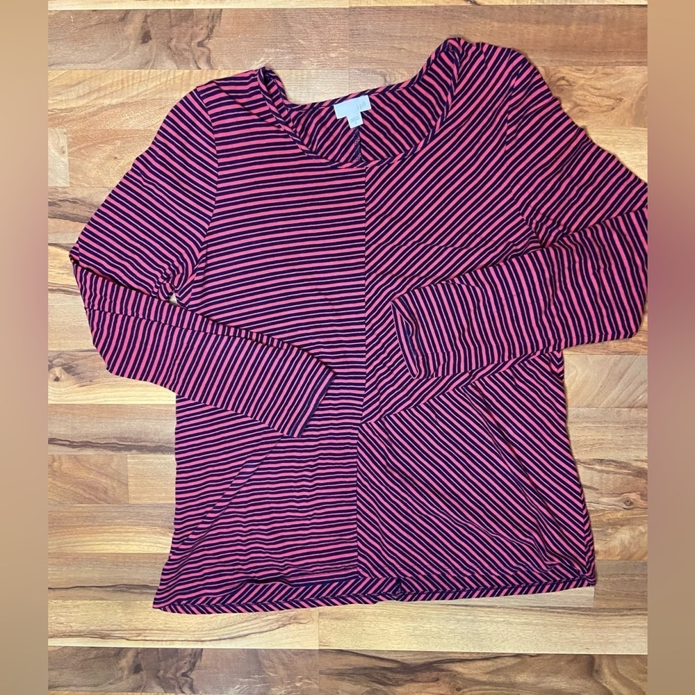 J Jill Tunic Top Women's Large Red Black Striped Long Sleeve Knit Stretch